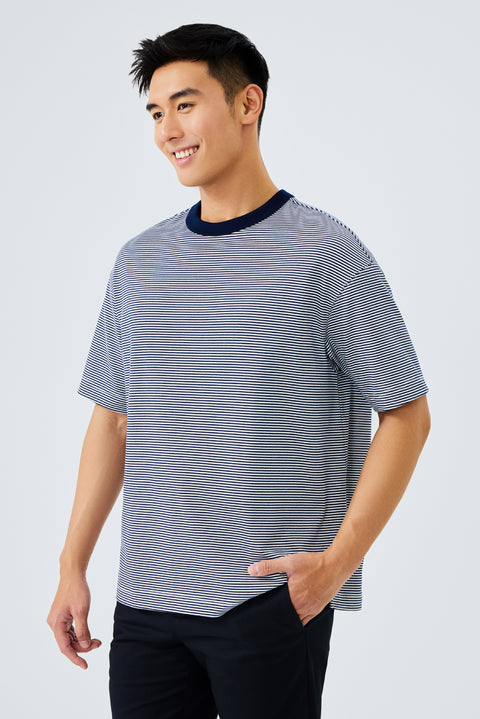 Waterless Dye Relaxed-Fit T-Shirt  | Dark Blue Stripes BLWH01