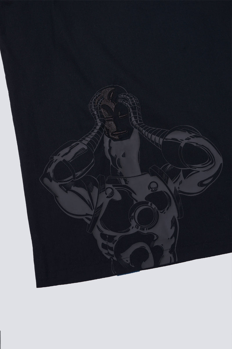 Iron Man Revere Collar Pocket Printed Short Sleeve Casual Shirt | Black BKFD01
