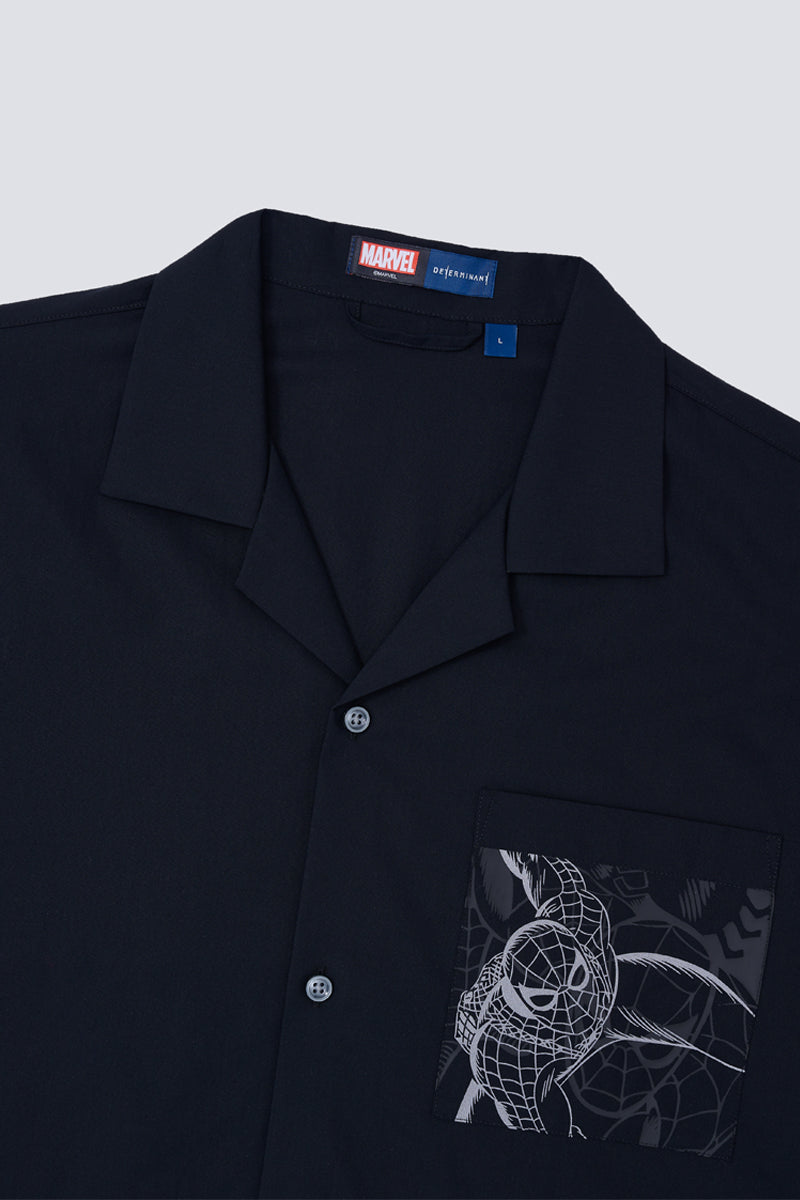 Spider-Man Revere Collar Pocket Printed Short Sleeve Casual Shirt | Black BKFD01
