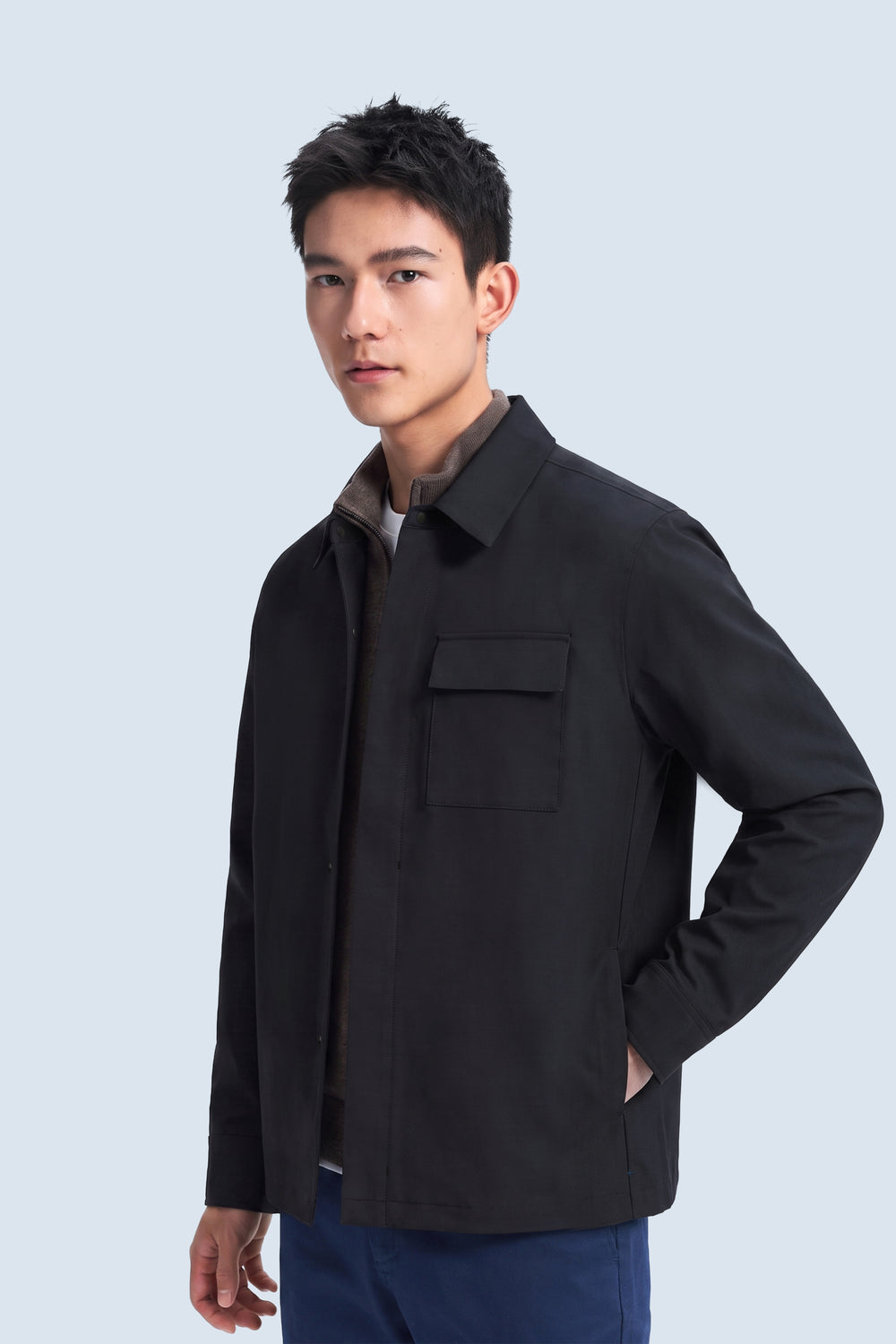 Stretch Water-Repellent Shirt Jacket | Black BKFD01 — On Model