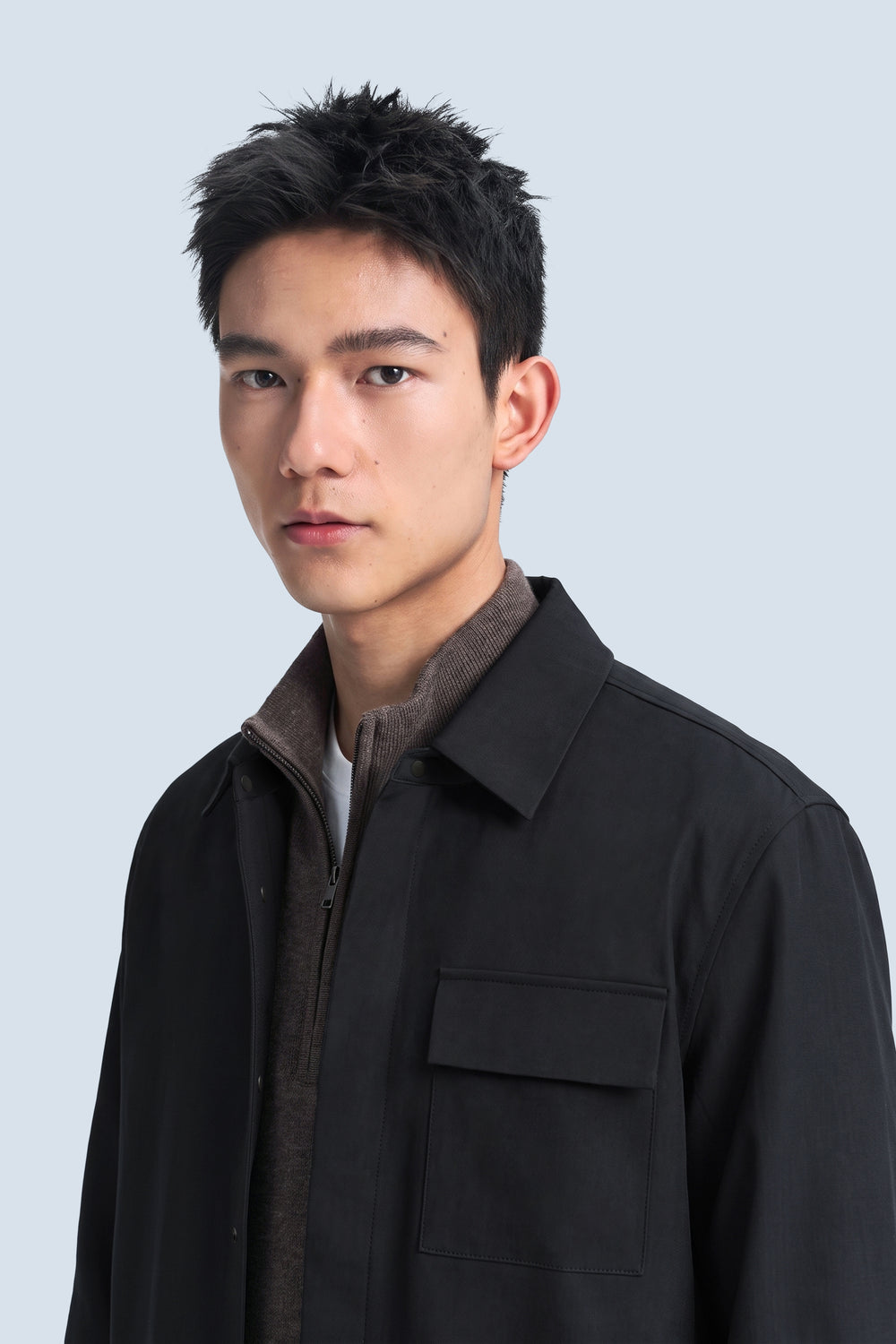 Stretch Water-Repellent Shirt Jacket | Black BKFD01 — On Model
