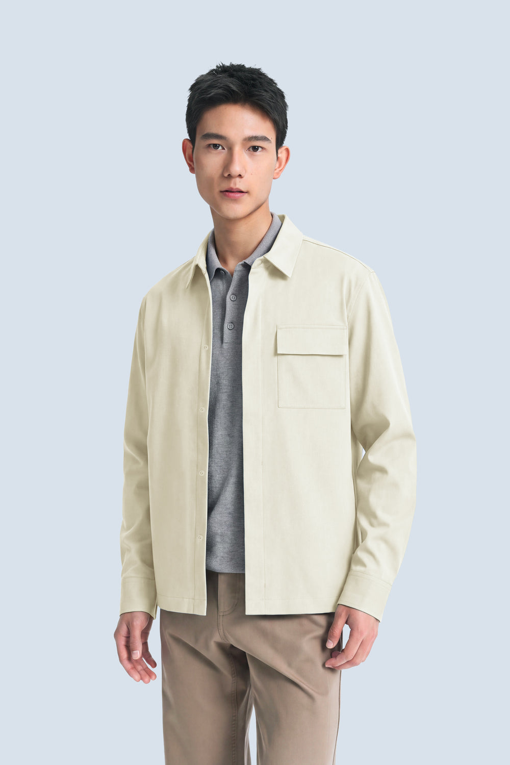 Stretch Water-Repellent Shirt Jacket | Tofu 10311P — On Model