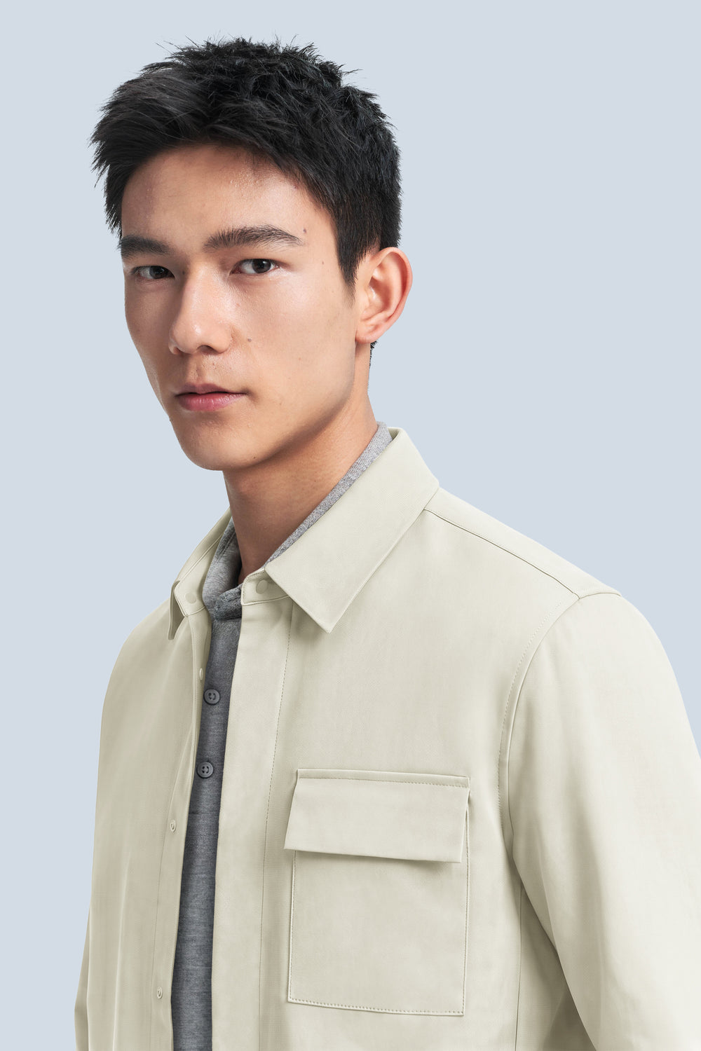 Stretch Water-Repellent Shirt Jacket | Tofu 10311P — On Model