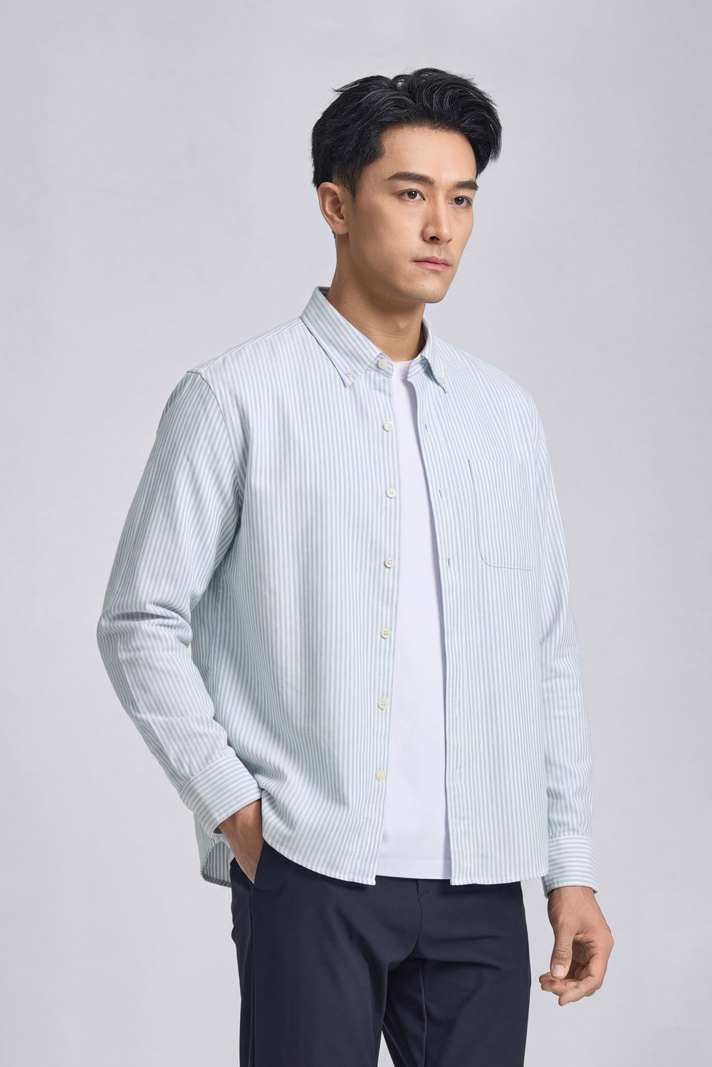 Waterless Dye Basketweave Casual Shirt | Light Blue Stripes 5803KM