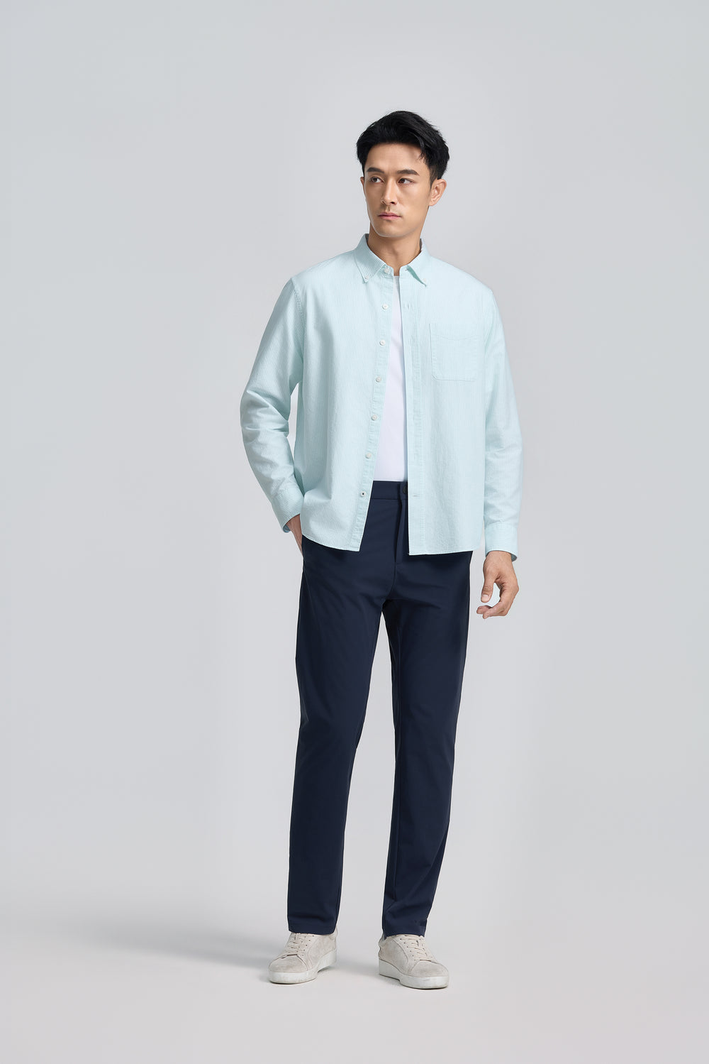 Soft Oxford Button-Down Casual Shirt | Iced Aqua Stripes 25475N