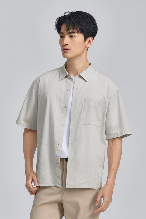 泡泡紗休閒短袖襯衫 | 淺灰褐色 25648N
