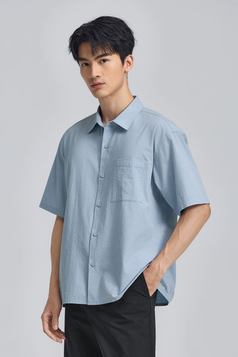 泡泡紗休閒短袖襯衫 | 深藍 15908N