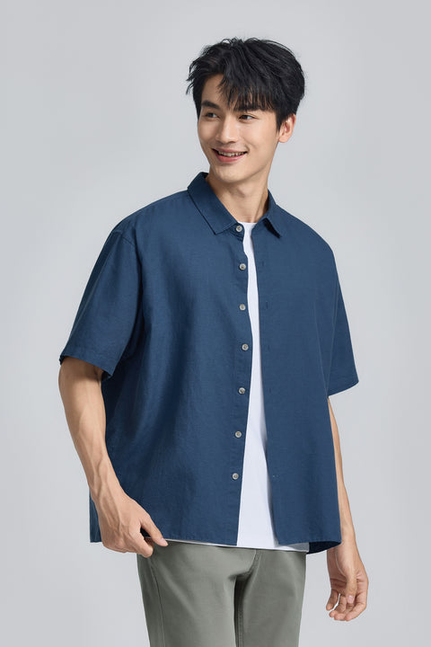 棉麻混紡休閒短袖襯衫 | 准將藍 25485N