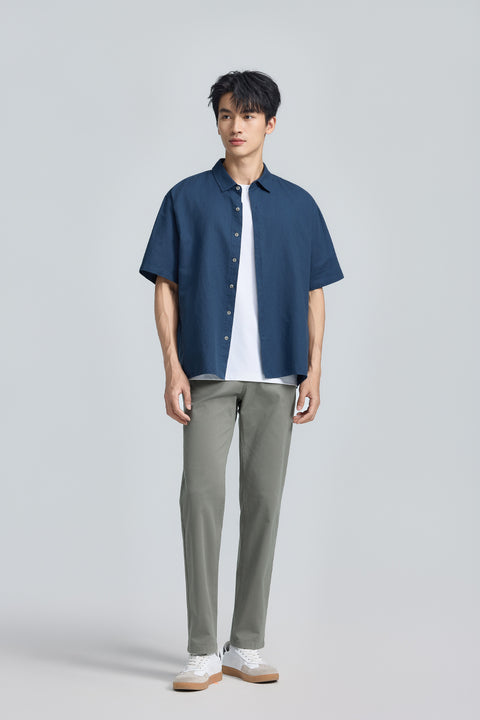 棉麻混紡休閒短袖襯衫 | 准將藍 25485N