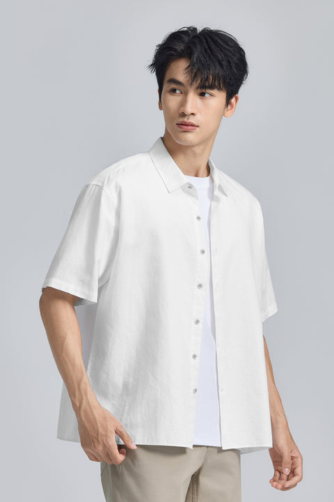 棉麻混紡休閒短袖襯衫 | 白色 WH001Z