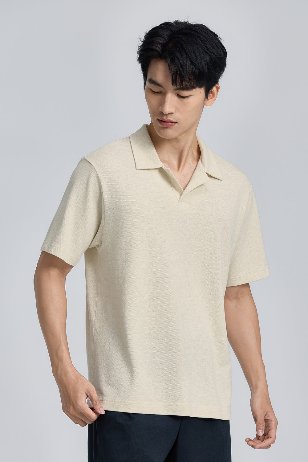 棉麻混紡開領 Polo | 淺卡其色混紡 EQ4025