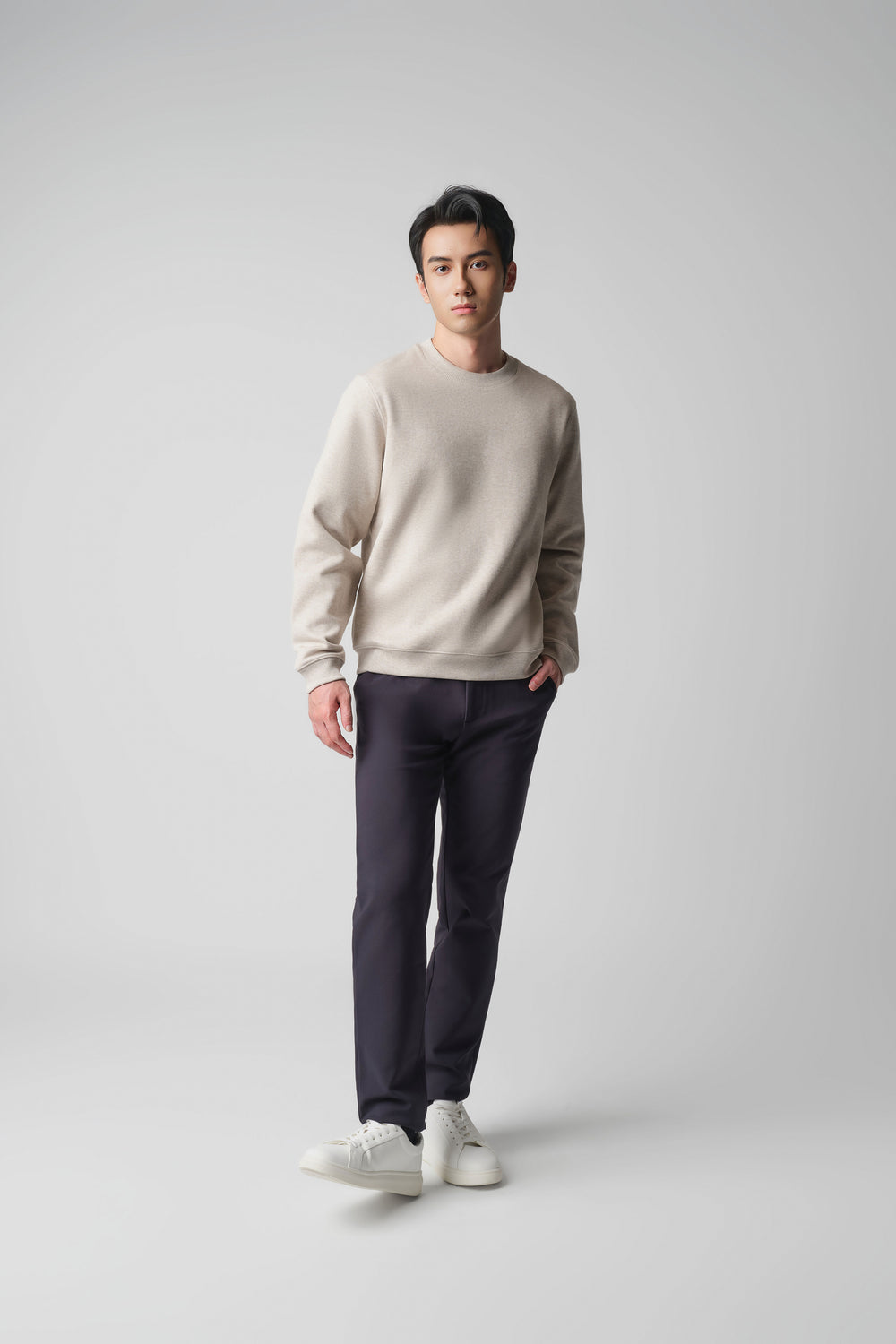 Cotton-Yak Ribbed Jacquard Crew Neck Sweater | Light Khaki E4Y189