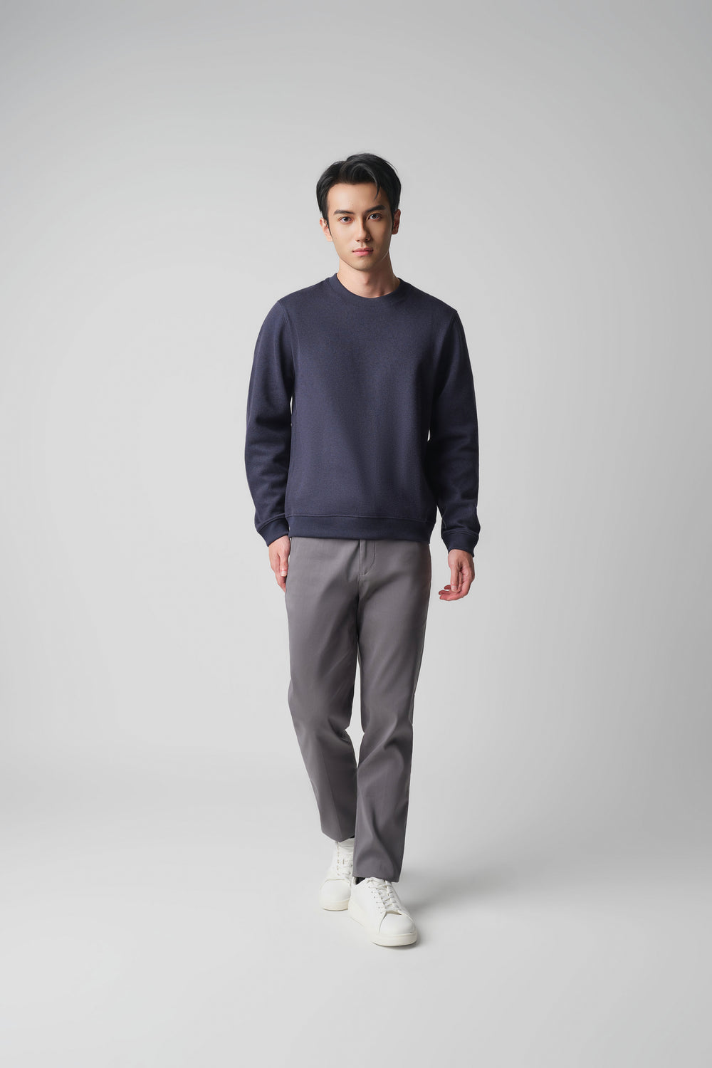 Cotton-Yak Ribbed Jacquard Crew Neck Sweater | Navy EB1244
