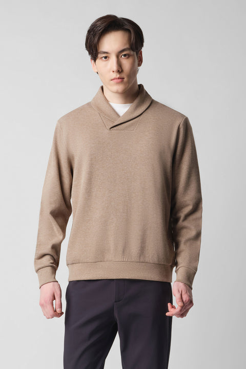 Merino-Blend French Rib Shawl Collar Sweater | Khaki E7W025