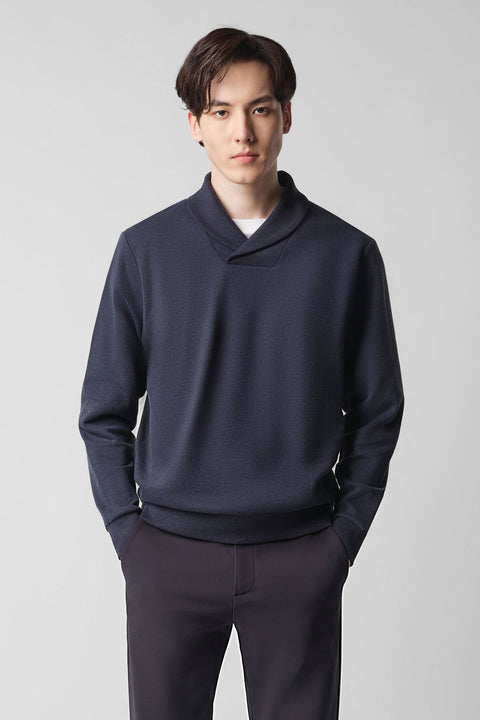 Merino-Blend French Rib Shawl Collar Sweater | Navy EB1244