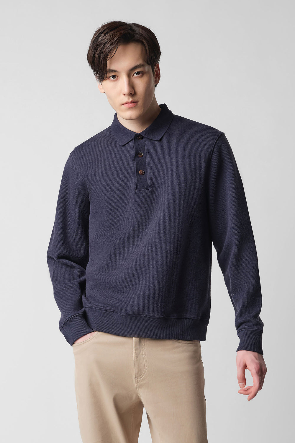 Cotton-Yak Ribbed Jacquard Polo Sweater | Navy EB1244