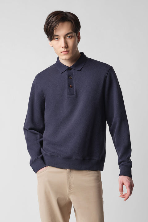 Cotton-Yak Ribbed Jacquard Polo Sweater | Navy EB1244