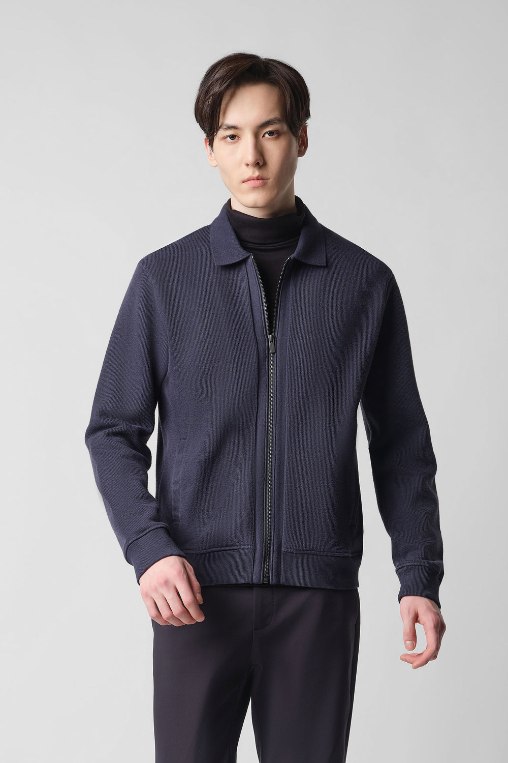 Cotton-Yak Ribbed Jacquard Full-Zip Jacket | Navy EB1244