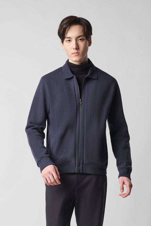 Cotton-Yak Ribbed Jacquard Full-Zip Jacket | Navy EB1244