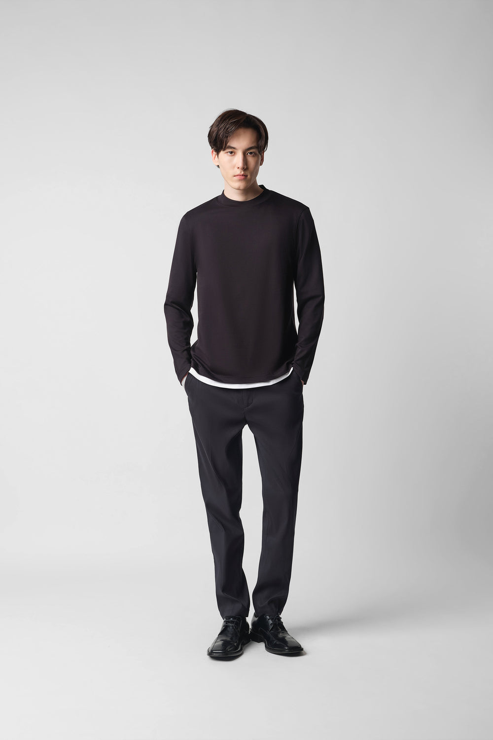 Merino-Blend Mock Neck Long Sleeve T-Shirt | Black BKFD01