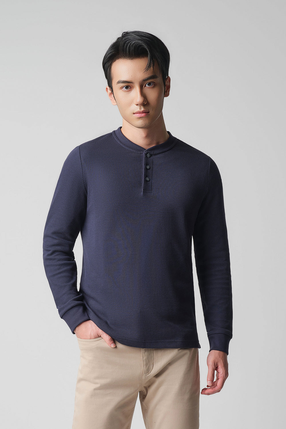 Waffle Henley Long Sleeve T-Shirt |深藍 NNY096