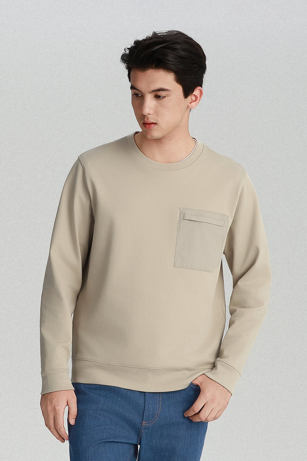 HeatGuard Twill Jacquard Patch Pocket Sweatshirt | Light Khaki PT1306