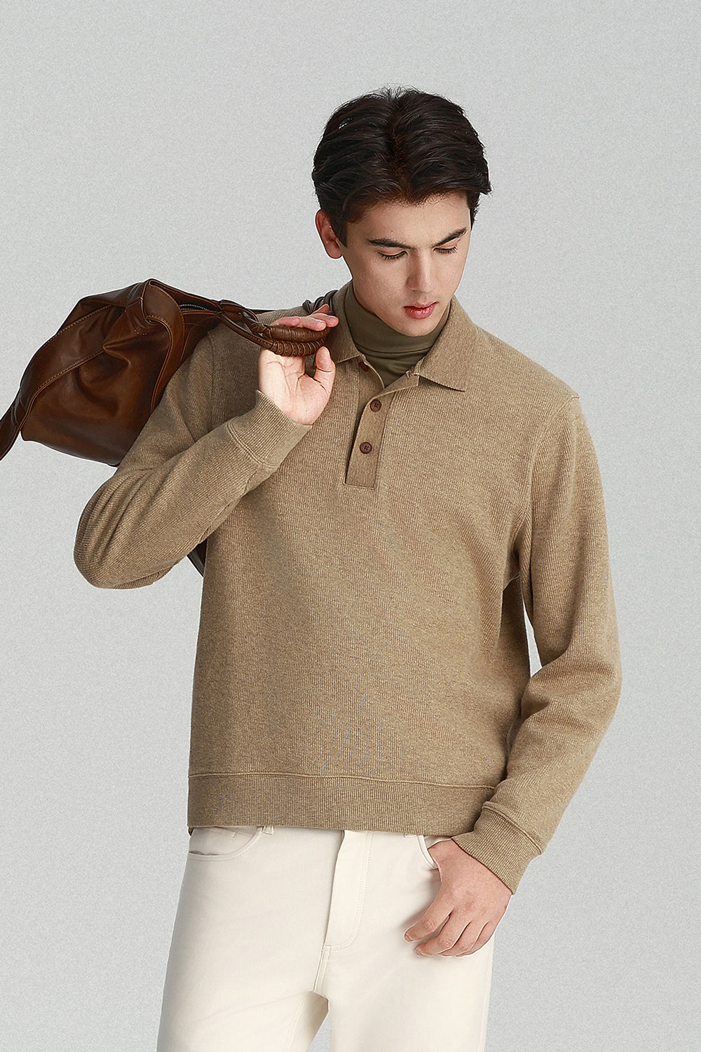 Cotton-Yak Ribbed Jacquard Polo Sweater | Taupe Khaki VE3083