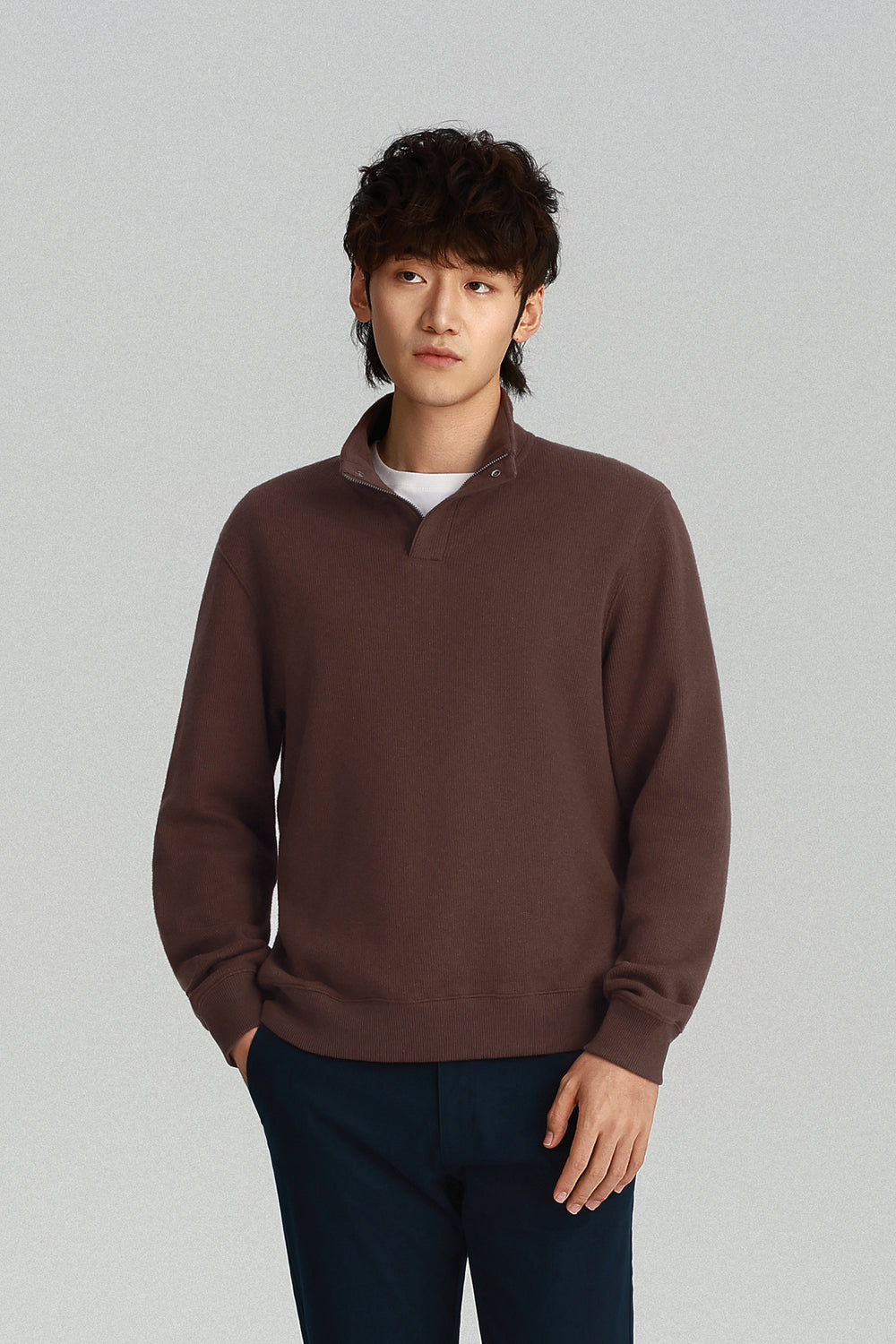 Cotton-Yak Quarter-Zip Ribbed Jacquard Sweater | Deep Brown VE3771
