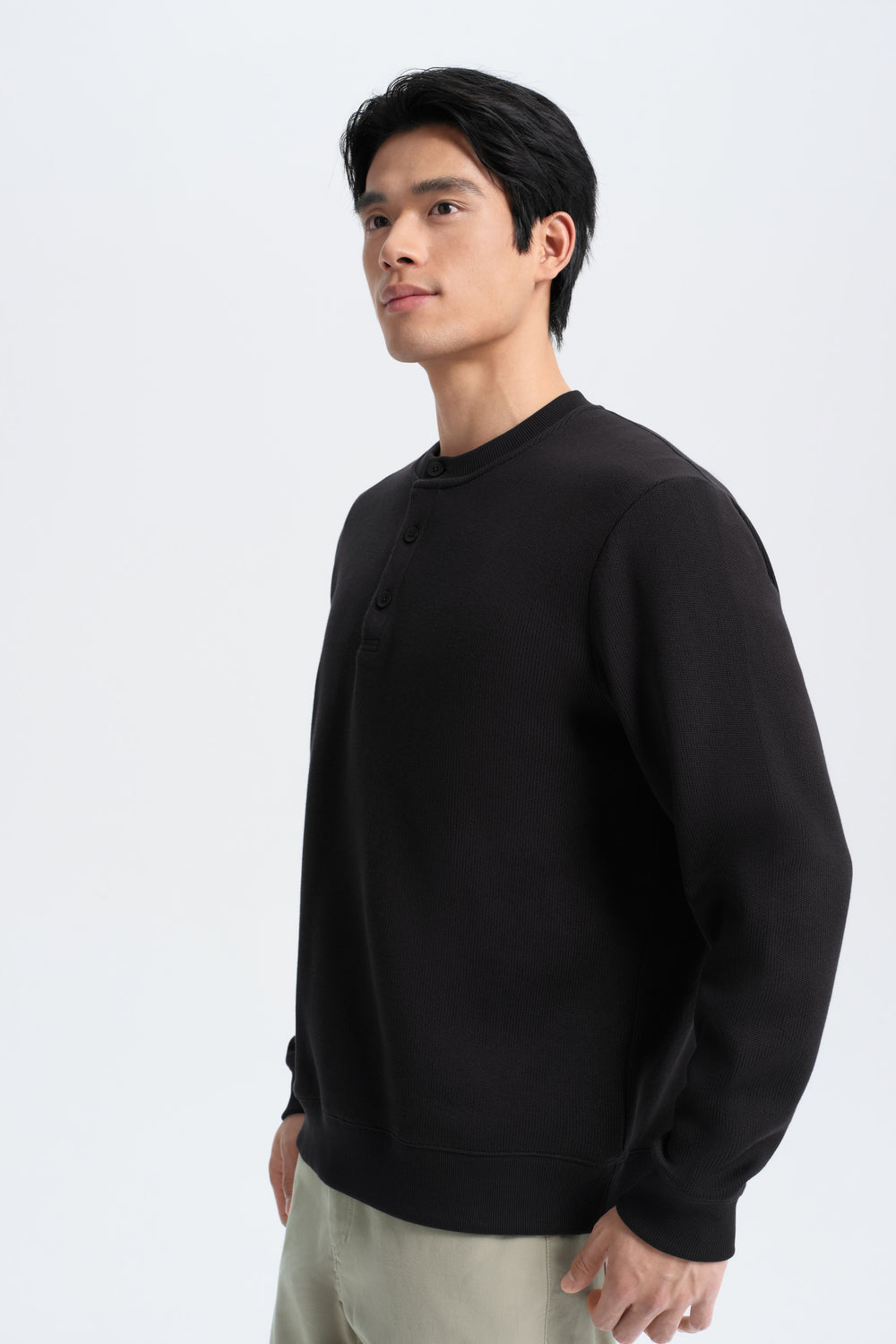 HeatGuard French Rib Henley Neck Sweater | Black BKFD01