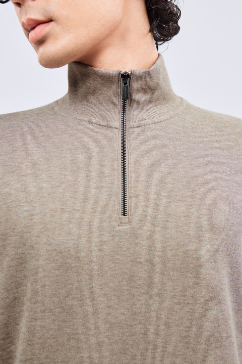 Merino-Blend Half Zip French Rib Sweater | Khaki E7W025