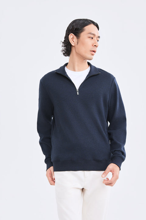 Merino-Blend Half Zip French Rib Sweater | Navy EB1244