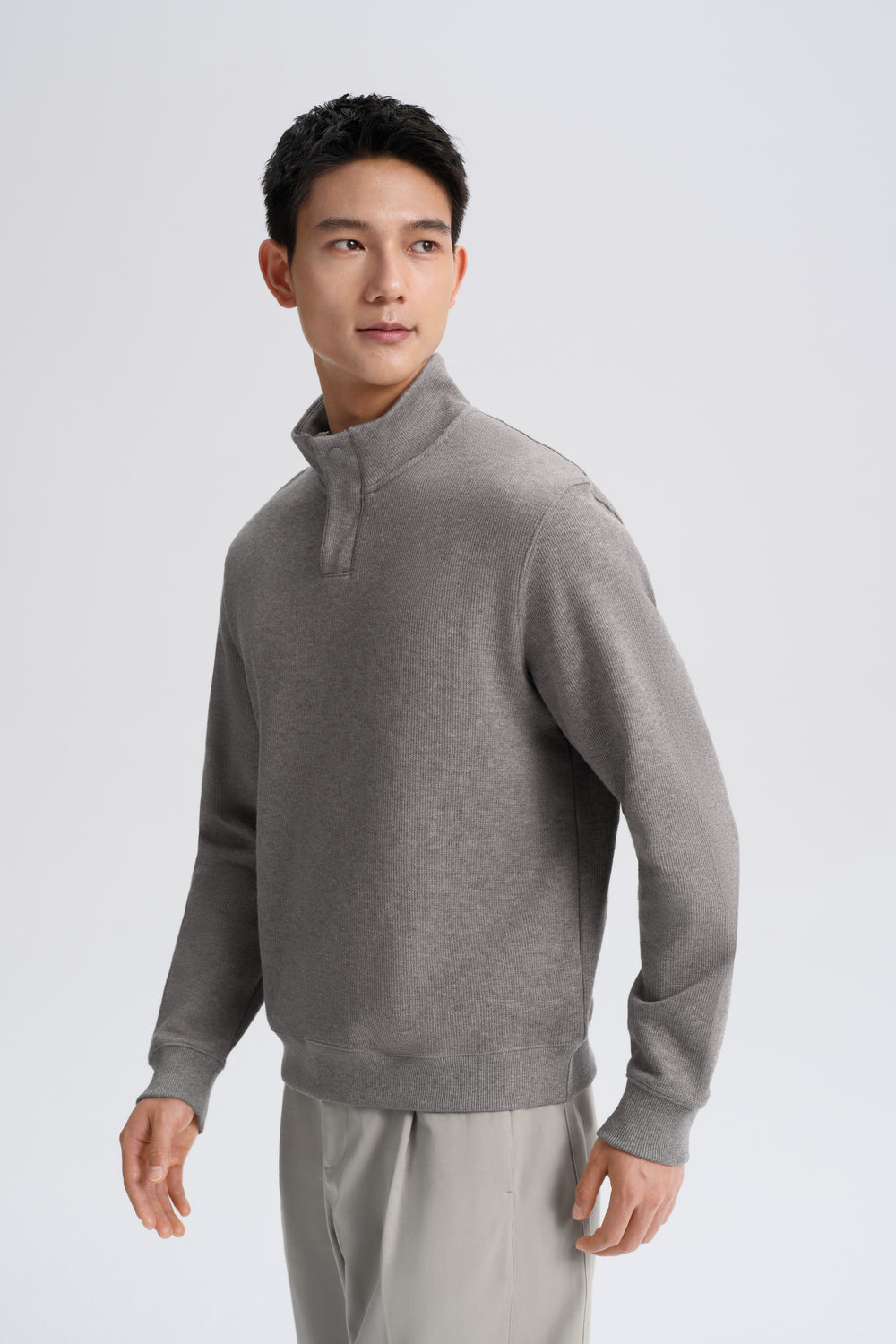 Cotton Yak Quarter-Zip Ribbed Jacquard Sweater | Grey VE3874