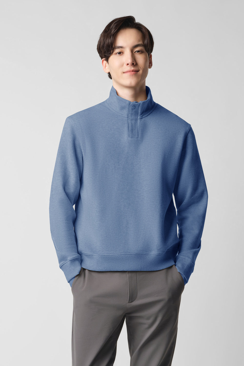 Cotton Yak Quarter-Zip Ribbed Jacquard Sweater | Heather Citadel Blue VE1296