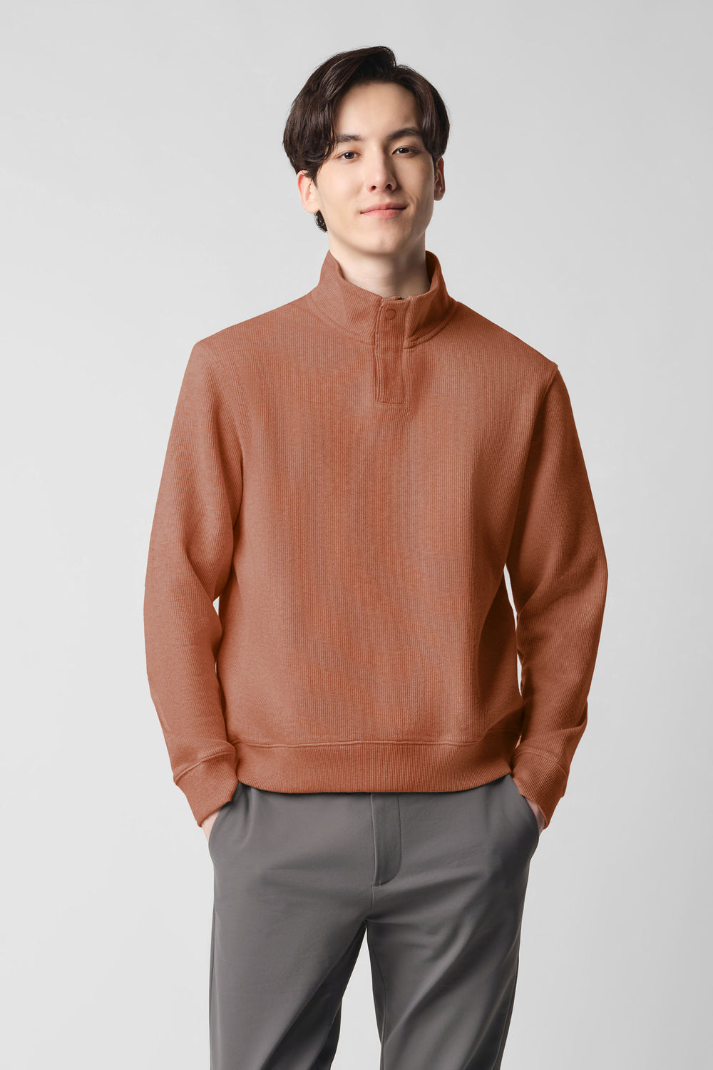 Cotton Yak Quarter-Zip Ribbed Jacquard Sweater | Heather Terracotta Red ER4022
