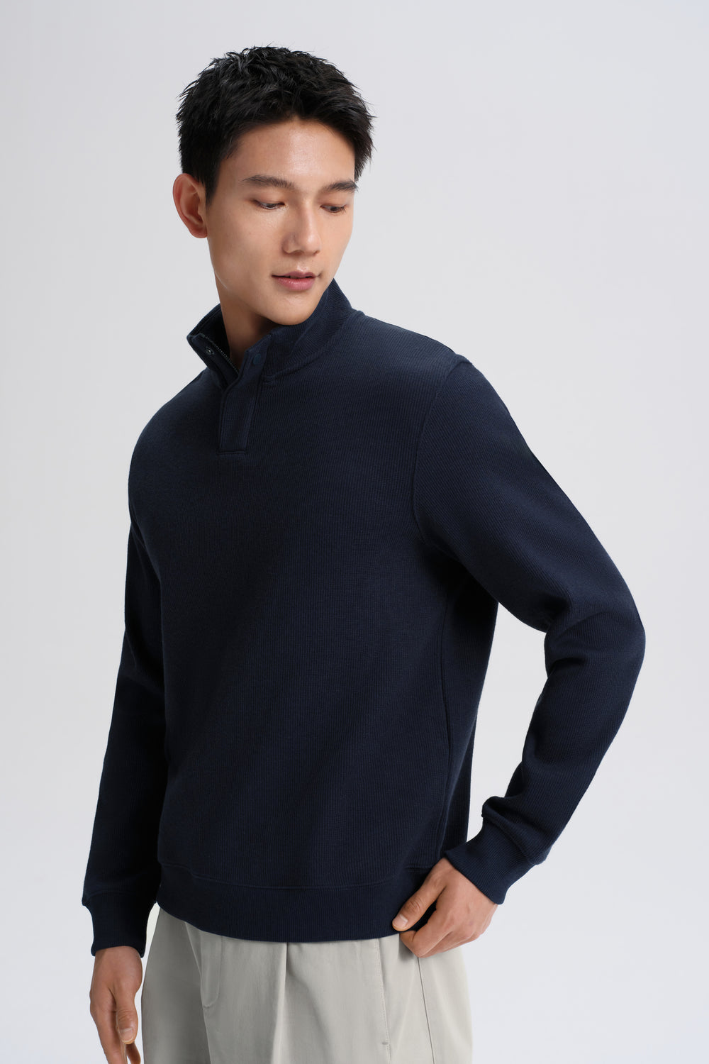 Cotton Yak Quarter-Zip Ribbed Jacquard Sweater | Navy EB1244