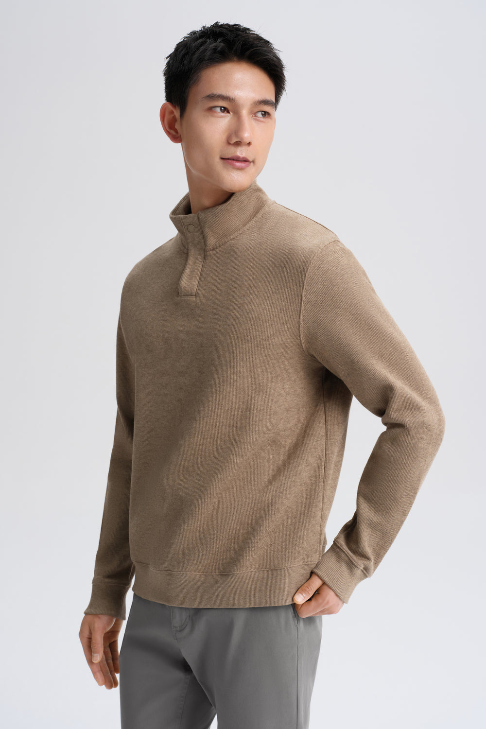 Cotton Yak Quarter-Zip Ribbed Jacquard Sweater | Taupe Khaki VE3083