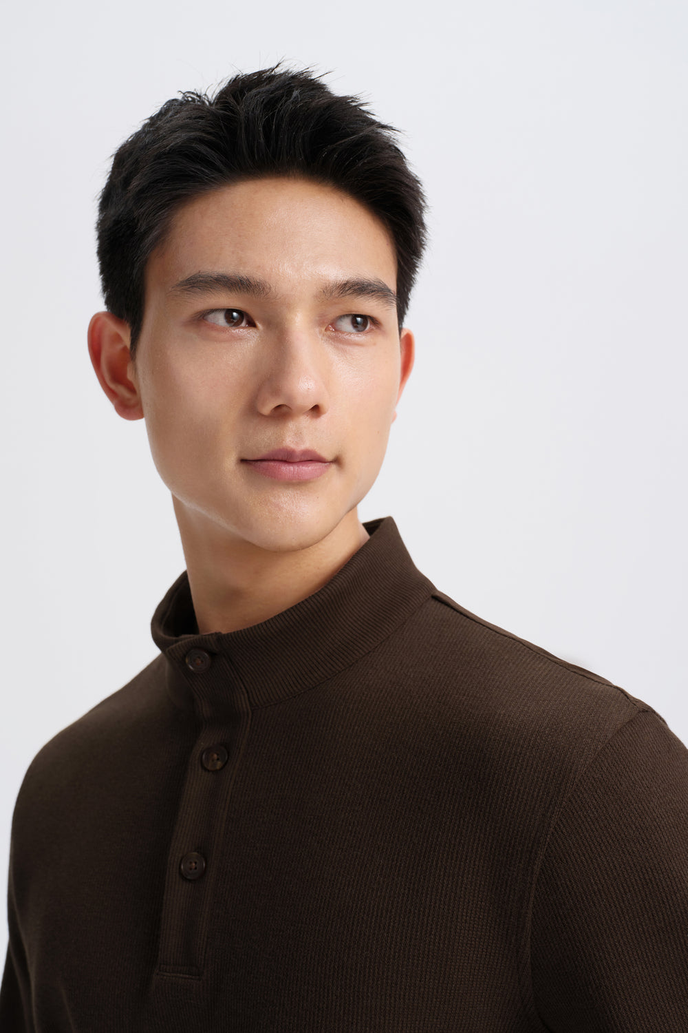 Cotton Yak Ribbed Jacquard Stand Collar Sweater | Deep Brown VE3771