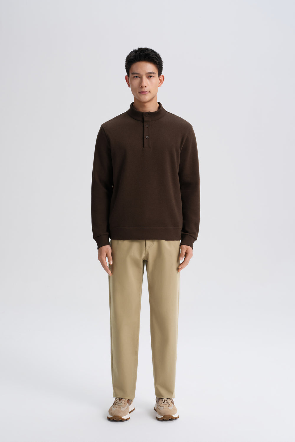 Cotton Yak Ribbed Jacquard Stand Collar Sweater | Deep Brown VE3771