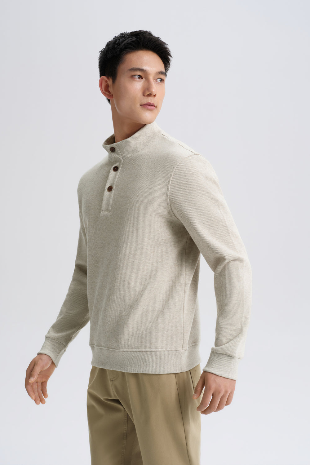 Cotton Yak Ribbed Jacquard Stand Collar Sweater | Light Khaki E4Y189