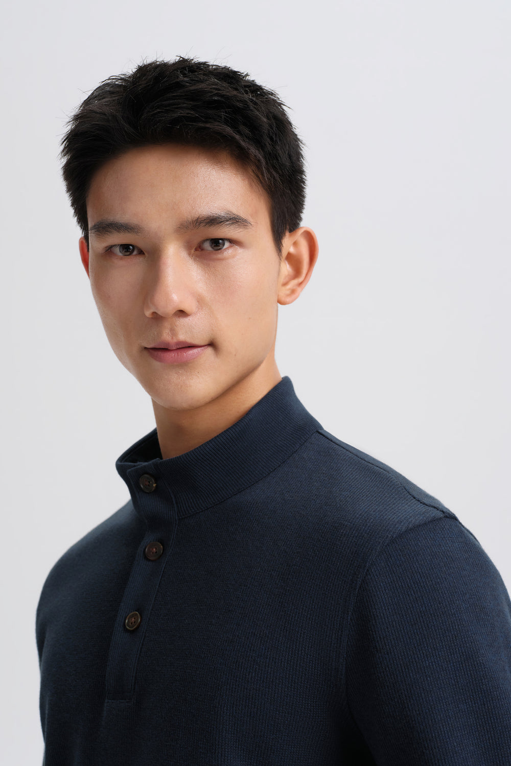 Cotton Yak Ribbed Jacquard Stand Collar Sweater | Navy EB1244