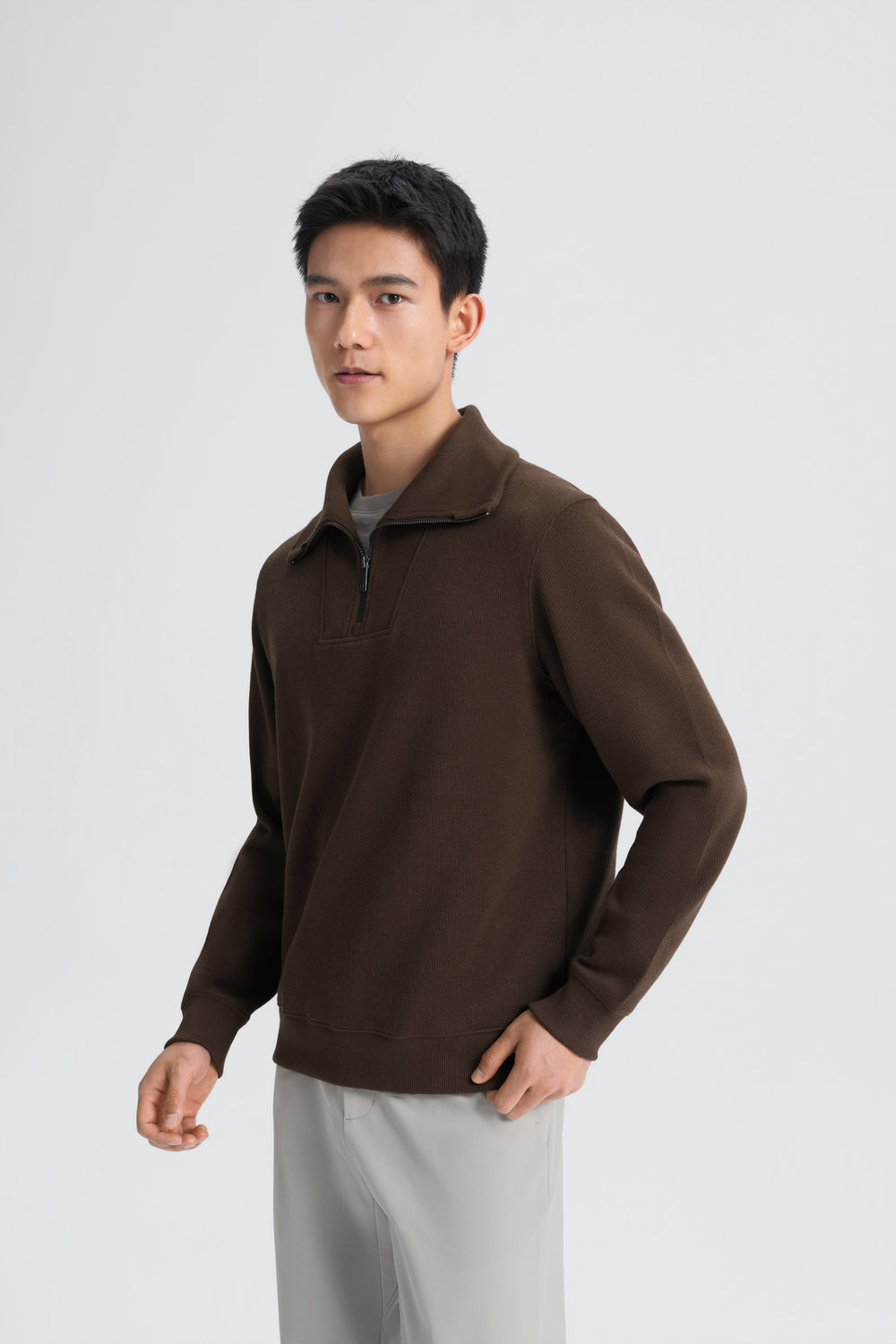Cotton Yak Ribbed Jacquard Quarter-Zip Sweater | Deep Brown VE3771