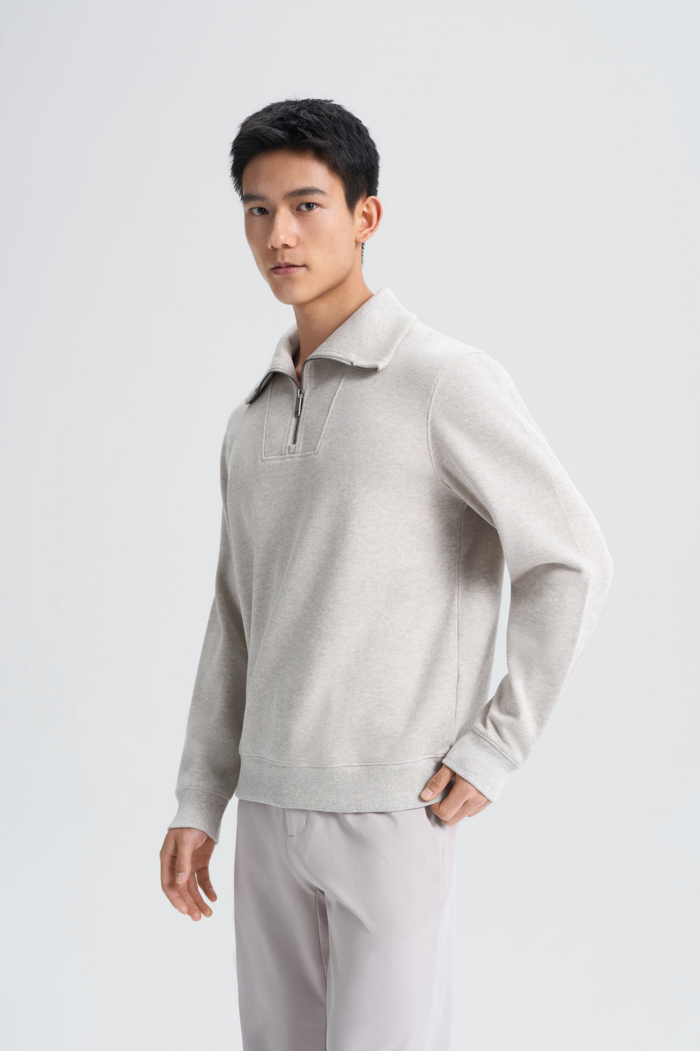 Cotton Yak Ribbed Jacquard Quarter-Zip Sweater  | Light Khaki E4Y189