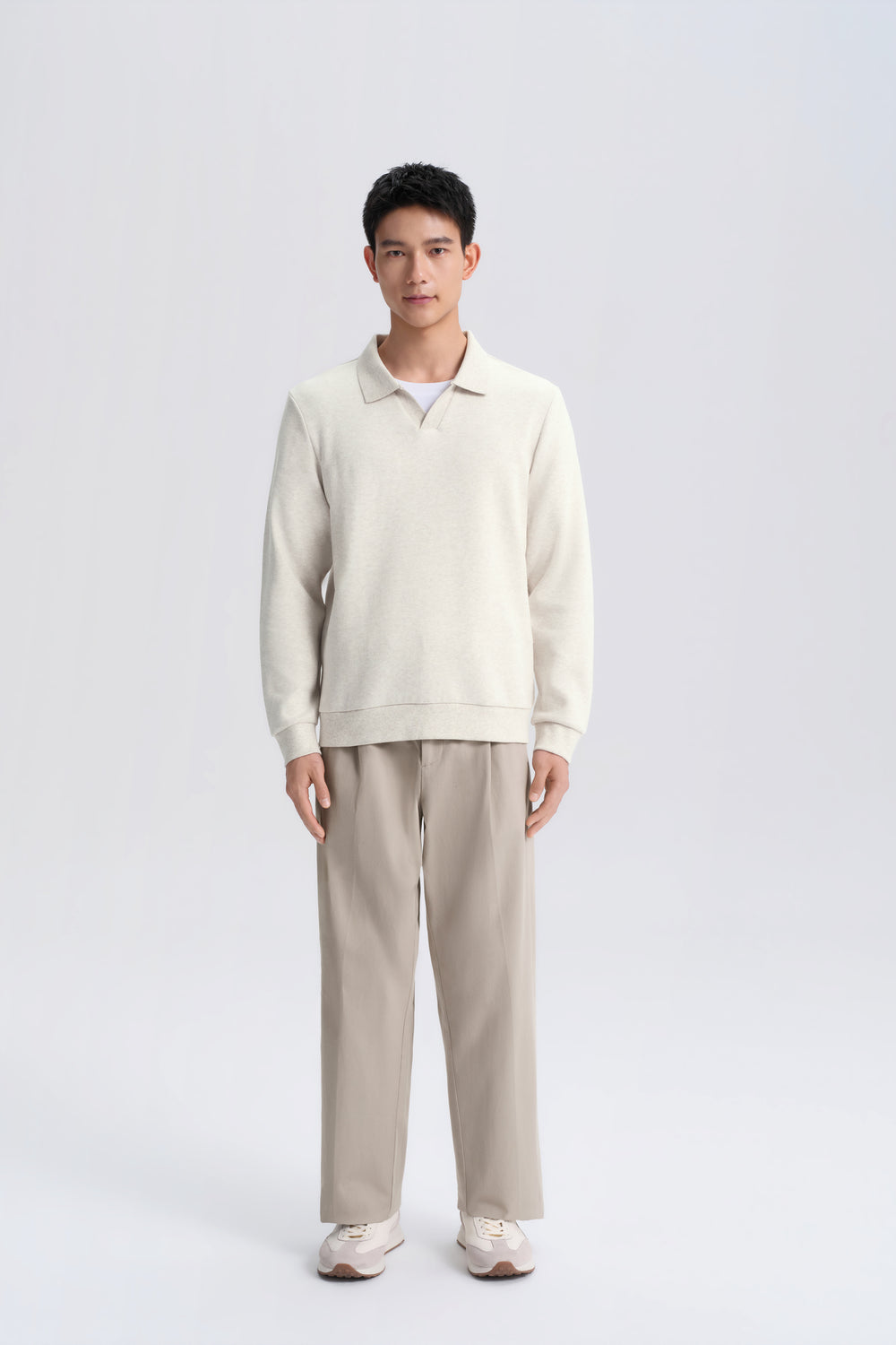 Cotton Yak Johnny Collar Sweater | Heather Tofu VE4144 On Model