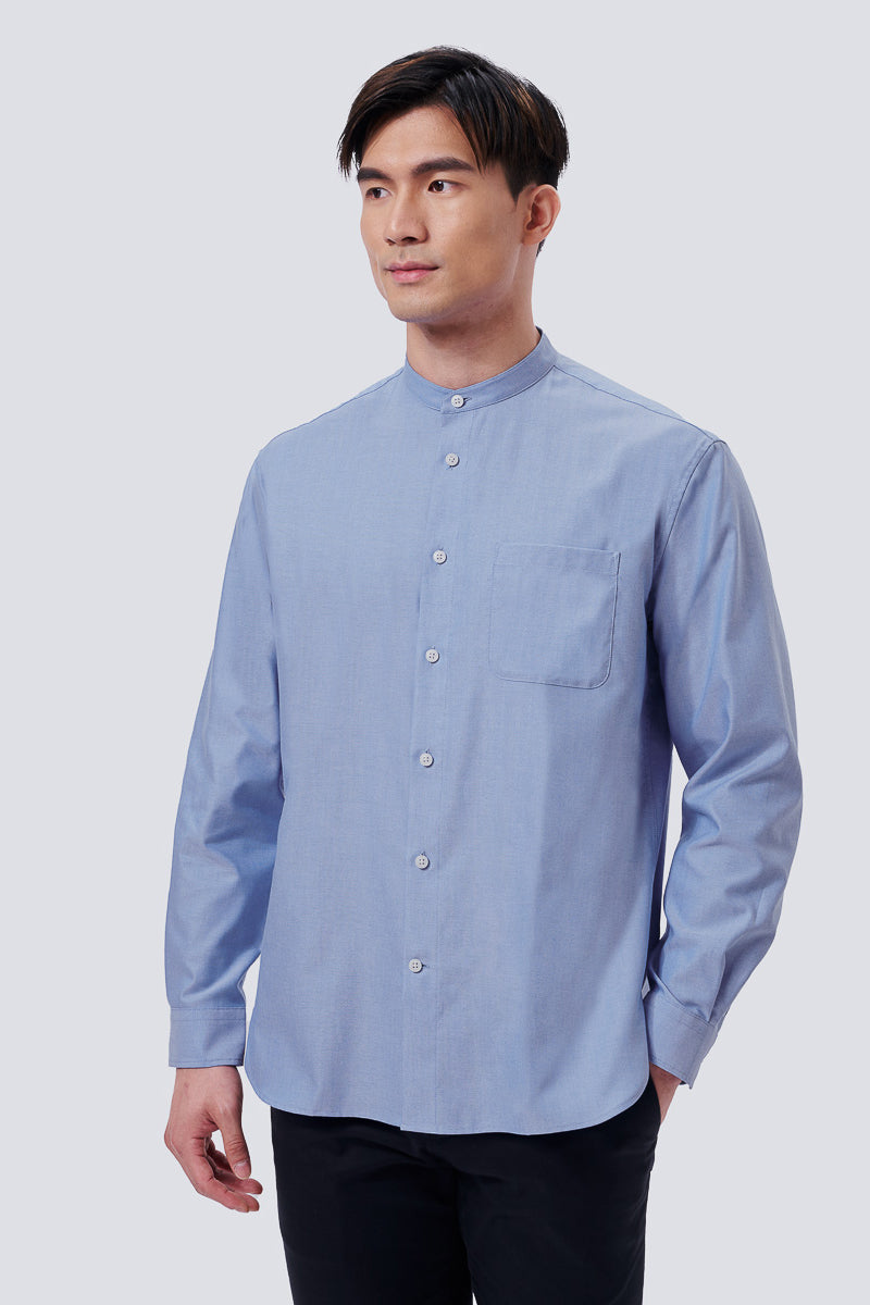 牛津紡 中式領 休閑襯衫 |藍色 25592N