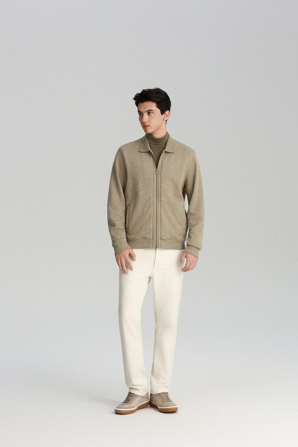 Cotton Yak Ribbed Jacquard Full-Zip Jacket | Taupe Khaki VE3083