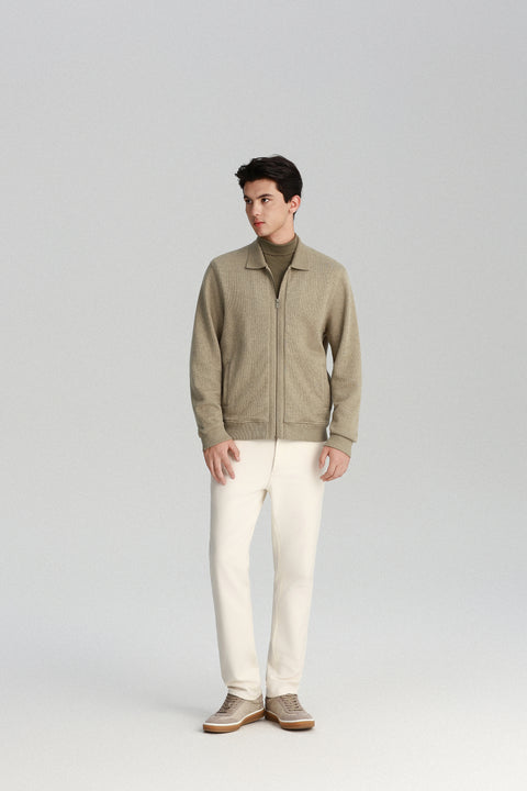 Cotton Yak Ribbed Jacquard Full-Zip Jacket | Taupe Khaki VE3083