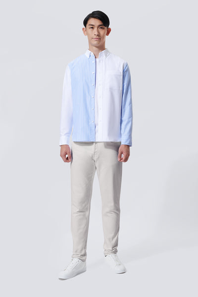Oxford Button-Down Color Blocked Casual Shirt | White / Blue Stripes 81806N