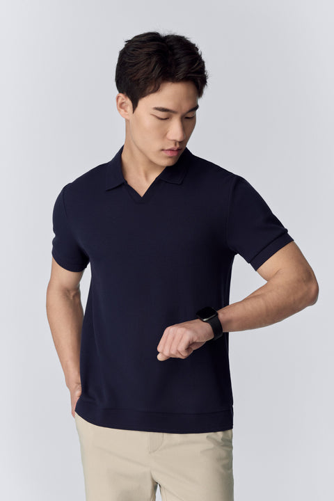 Waffle-Knit Buttonless Polo | Navy NNY096