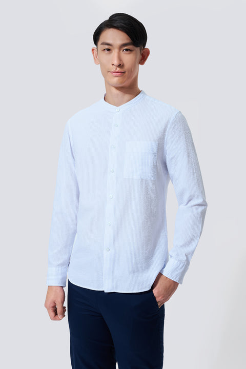 Seersucker Mandarin Collar Casual Shirt | Light Blue Stripes 1486NZ