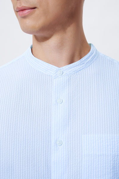 Seersucker Mandarin Collar Casual Shirt | Light Blue Stripes 1486NZ